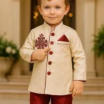 Boys Indian Sherwani Pajama Outfit (Stylish Red) – Kids Traditional Wear for Weddings & Festivals