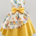 Girl's Satin Floral Printed Frock Knee (Yellow)