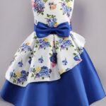 Girl's Satin Floral Printed Frock Knee (Blue)