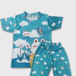 Cartoon Printed Pyjama Set for Girls (Blue Girls)