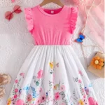 Summer Dress for Baby Girl/Frocks for Baby Girl/Baby Frocks Girl Poly Rayon/Casual Dress Short Flutter Sleeve (pink)