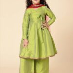 Girls Anarkali Knee-Length Set (Lime Green) – Kids Traditional Ethnic Wear for Weddings, Festivals & Parties