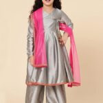 Girls Anarkali Knee-Length Set (Silver) – Kids Traditional Ethnic Wear for Weddings, Festivals & Parties