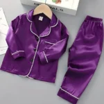 Unisex Satin Pajamas Set Boys Girls Silk (Purple)