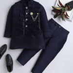 Boys Velvet 3 Piece Indo-Western Set (Navy Blue)