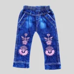 Girls Denim Jeans with Pink Floral Embroidery (Blue)