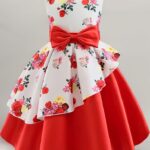 Girl's Satin Floral Printed Frock Knee (Red)