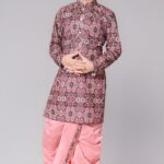 Boys Ethnic Dupion Silk Printed Embroidery Kurta Pyjama (Pink) – Kids Traditional Festive Wear for Weddings & Festivals